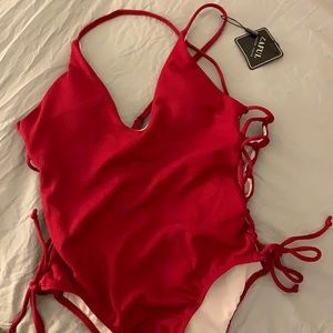 Dark red tie side swimsuit